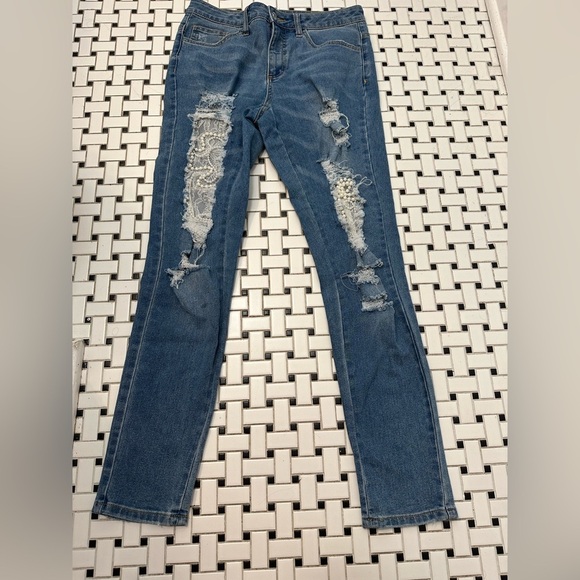 VENUS Blue Distressed Skinny Jeans - Picture 1 of 8